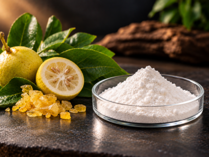 5-Deazaflavin powder in a glass dish with citrus fruit and yellow crystals