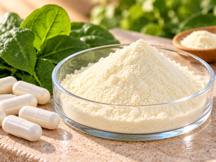 5-MTHF Calcium powder in a glass dish with white capsules and green leaves