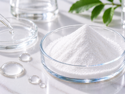 Alpha-Arbutin white cosmetic active ingredient powder in a glass dish