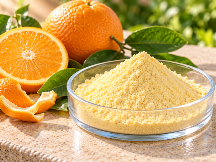 Alpha-Glucosyl Hesperidin yellow powder in a glass dish with fresh oranges and green leaves