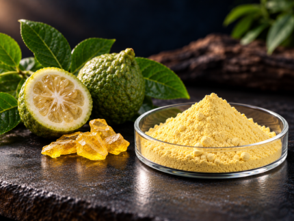 Alpha-Lipoic Acid (ALA) yellow powder in a glass dish with citrus fruit and yellow crystals