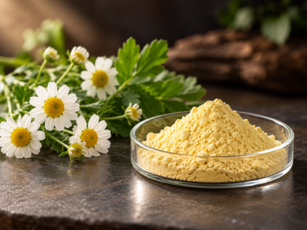 Apigenin powder in a glass dish with chamomile flowers