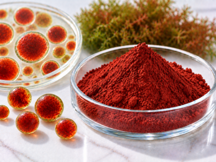 Astaxanthin red powder in a glass dish with microalgae for cosmetic and dietary supplement formulations