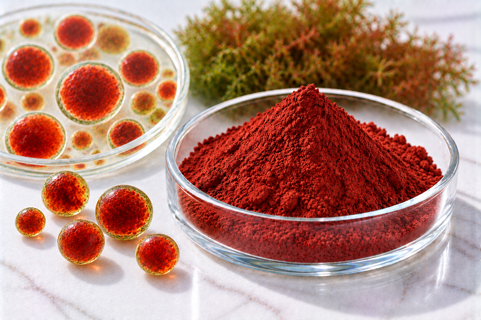 Astaxanthin Astaxanthin red powder in a glass dish with microalgae for cosmetic and dietary supplement formulations
