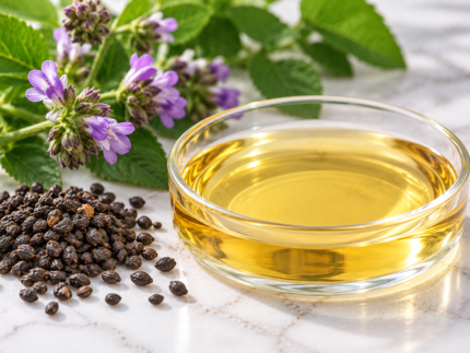 Bakuchiol oil golden liquid in a glass dish with babchi seeds and purple flowers