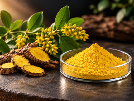 Berberine powder in a glass dish with yellow root slices and flowers