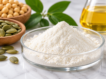 Beta-Sitosterol white powder in a glass dish with seeds, green leaves and plant oil