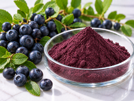 Bilberry Extract dark purple powder in a glass dish with bilberries and green leaves for dietary supplement formulations