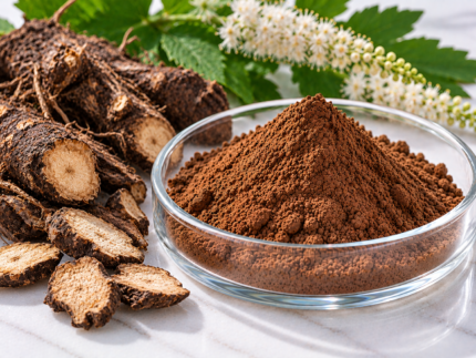 Black Cohosh Extract brown powder in a glass dish with black cohosh roots and white flowers