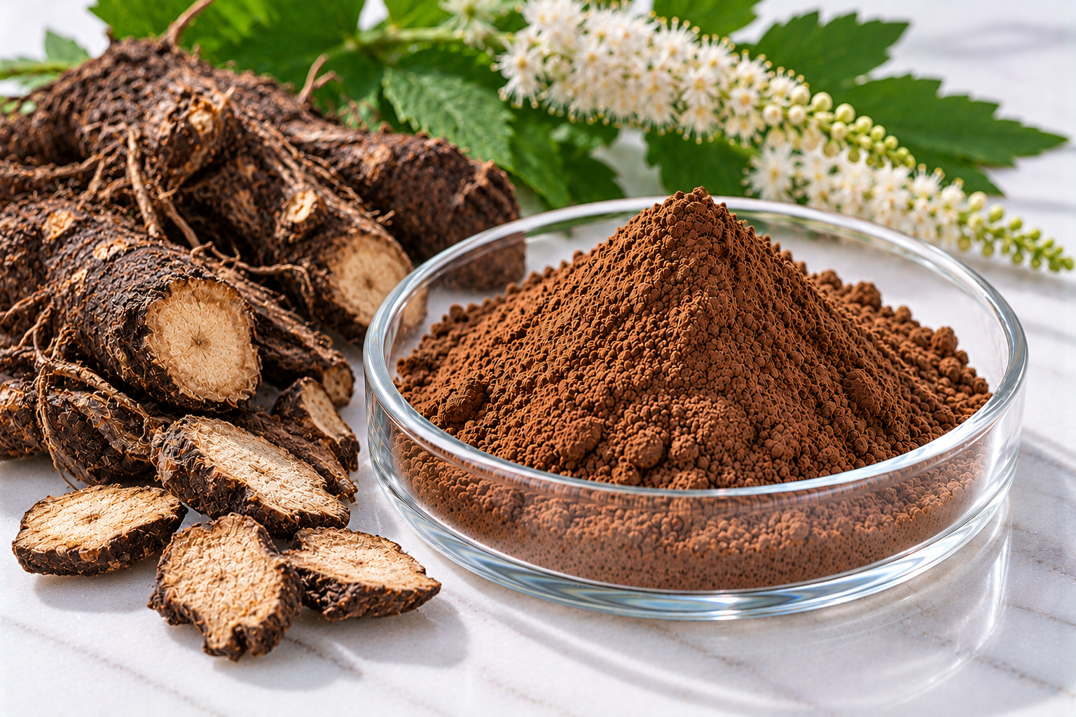 Black Cohosh Extract Black Cohosh Extract brown powder in a glass dish with black cohosh roots and white flowers
