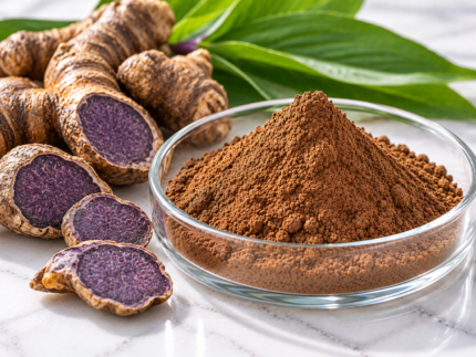 Black Ginger Extract brown powder in a glass dish with fresh black ginger rhizomes and purple slices