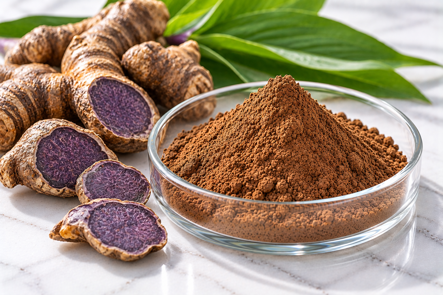 Black Ginger Extract Black Ginger Extract brown powder in a glass dish with fresh black ginger rhizomes and purple slices