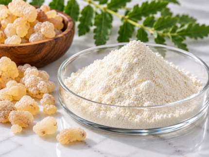 Boswellia Serrata Extract powder in a glass dish with natural frankincense resin and green leaves