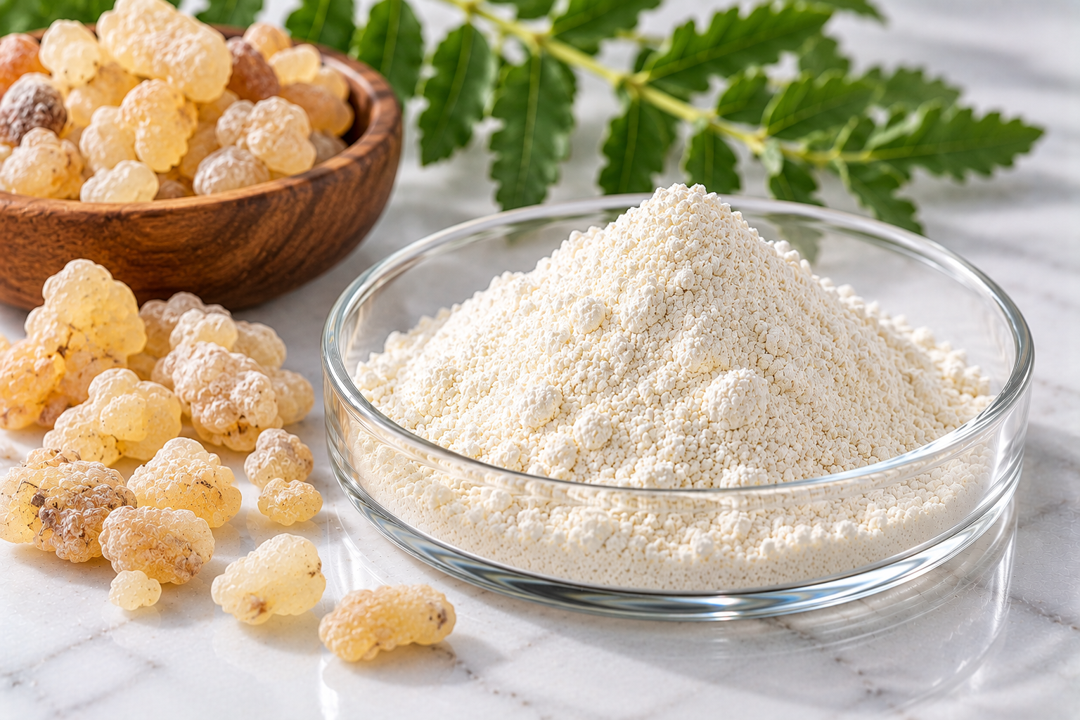 Boswellia Serrata Extract Boswellia Serrata Extract powder in a glass dish with natural frankincense resin and green leaves