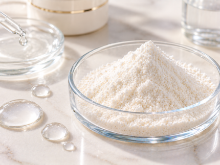 Ceramide NP off-white powder in a glass dish for cosmetic skincare formulations