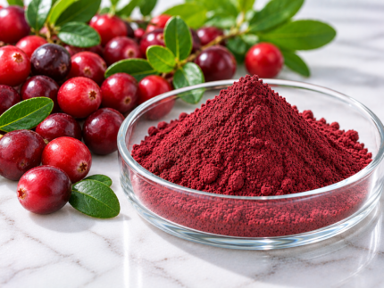 Cranberry Extract red powder in a glass dish with fresh cranberries and green leaves