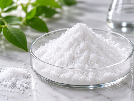 D-Chiro-Inositol white powder in a glass dish with green leaves in the background