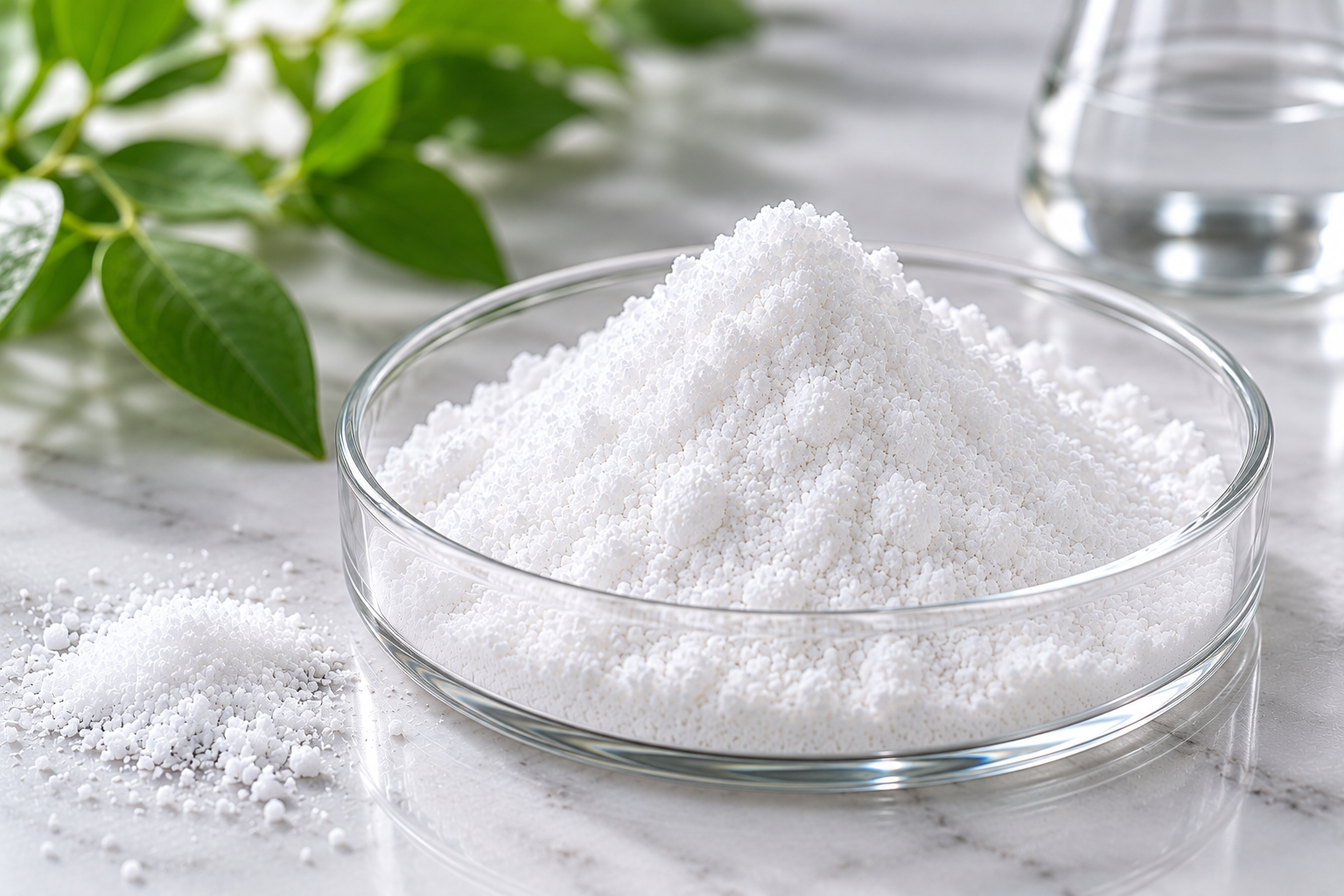 D-Chiro-Inositol D-Chiro-Inositol white powder in a glass dish with green leaves in the background