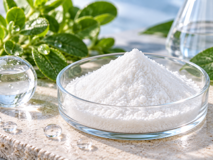 Ectoine white powder in a glass dish with green leaves, water droplets and laboratory glassware
