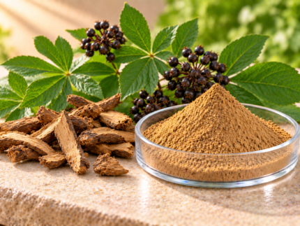 Eleutherococcus Extract (Siberian Ginseng Extract) powder in a glass dish with dried roots, berries and green leaves