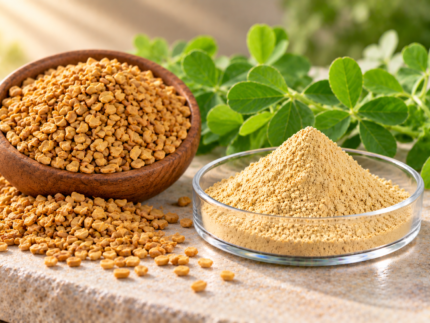 Fenugreek Seed Extract powder in a glass dish with fenugreek seeds and green leaves