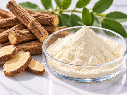 Glabridin light yellow powder in a glass dish with licorice roots for cosmetic skincare formulations
