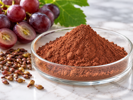 Grape Seed Extract reddish-brown powder in a glass dish with fresh grapes and grape seeds