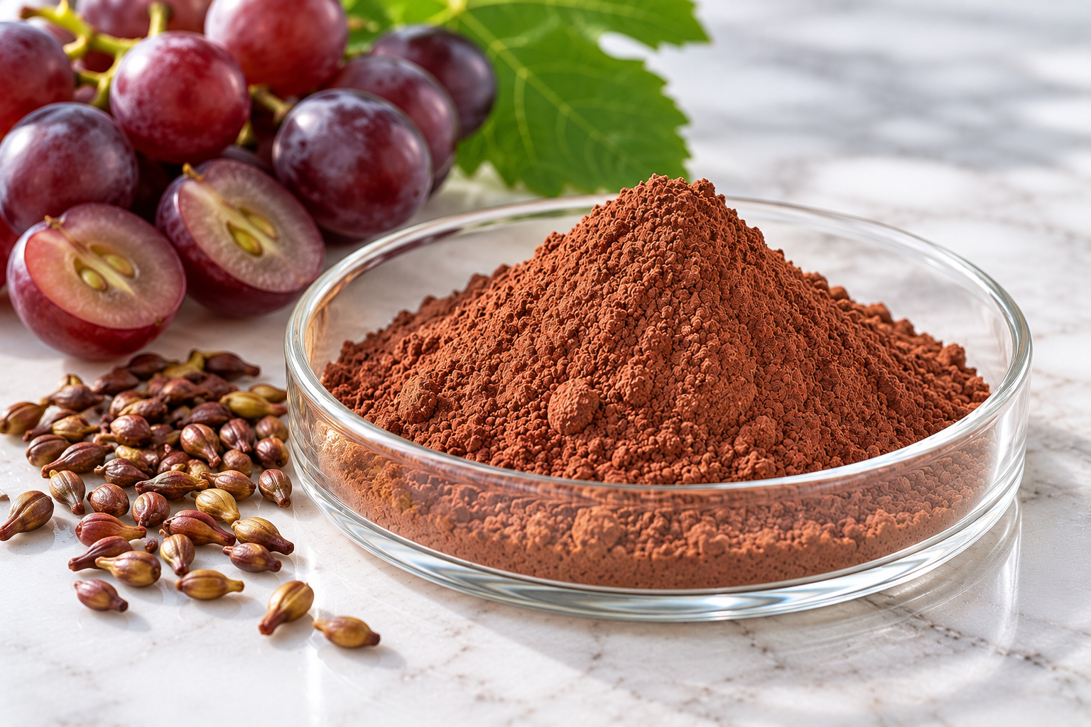 Grape Seed Extract Grape Seed Extract reddish-brown powder in a glass dish with fresh grapes and grape seeds