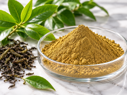 Green Tea Extract yellow-green powder in a glass dish with fresh green tea leaves and dried tea leaves