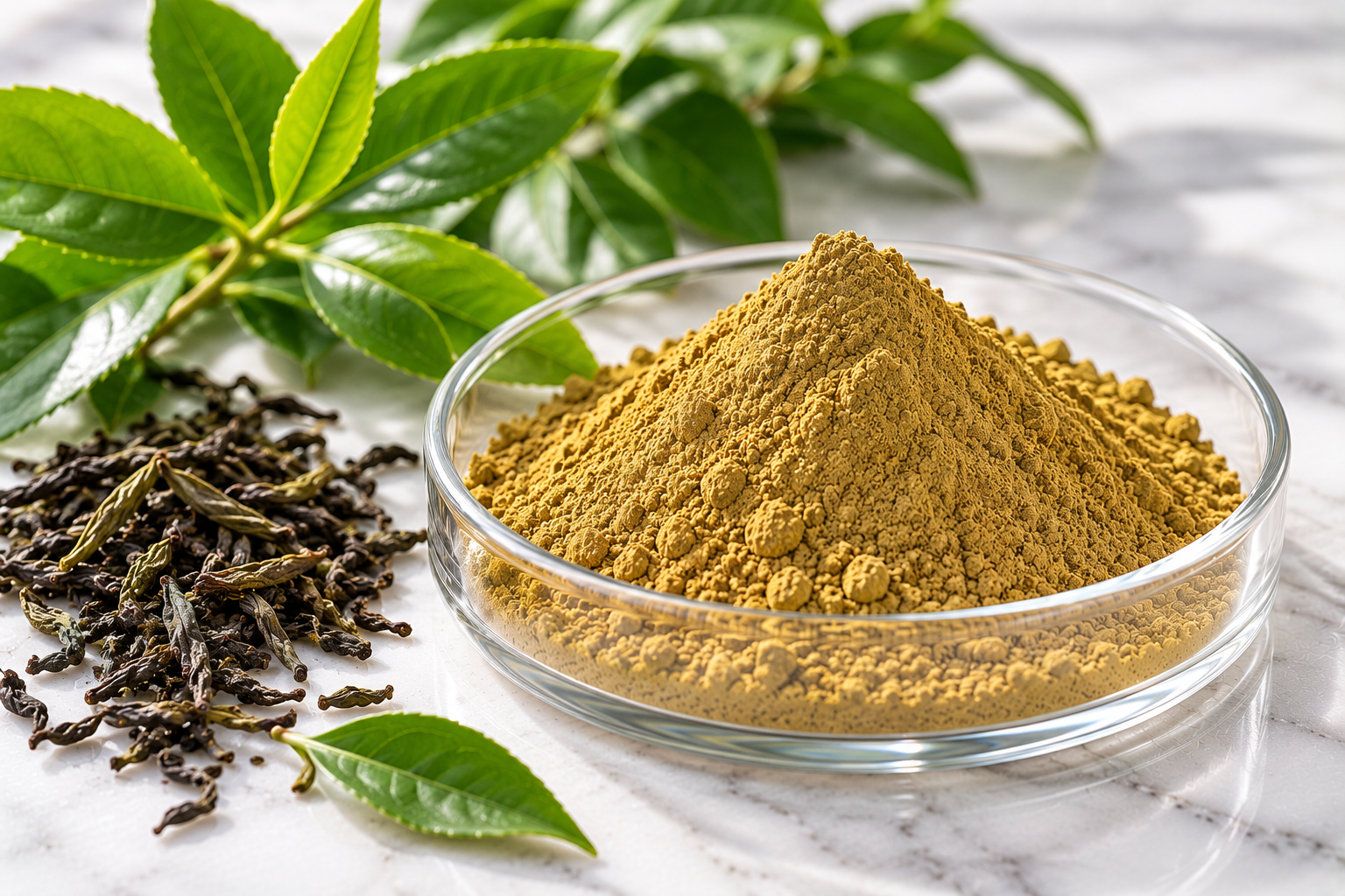 Green Tea Extract Green Tea Extract yellow-green powder in a glass dish with fresh green tea leaves and dried tea leaves