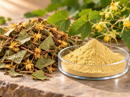 Horny Goat Weed Extract (Epimedium Extract) powder in a glass dish with dried epimedium leaves and yellow flowers