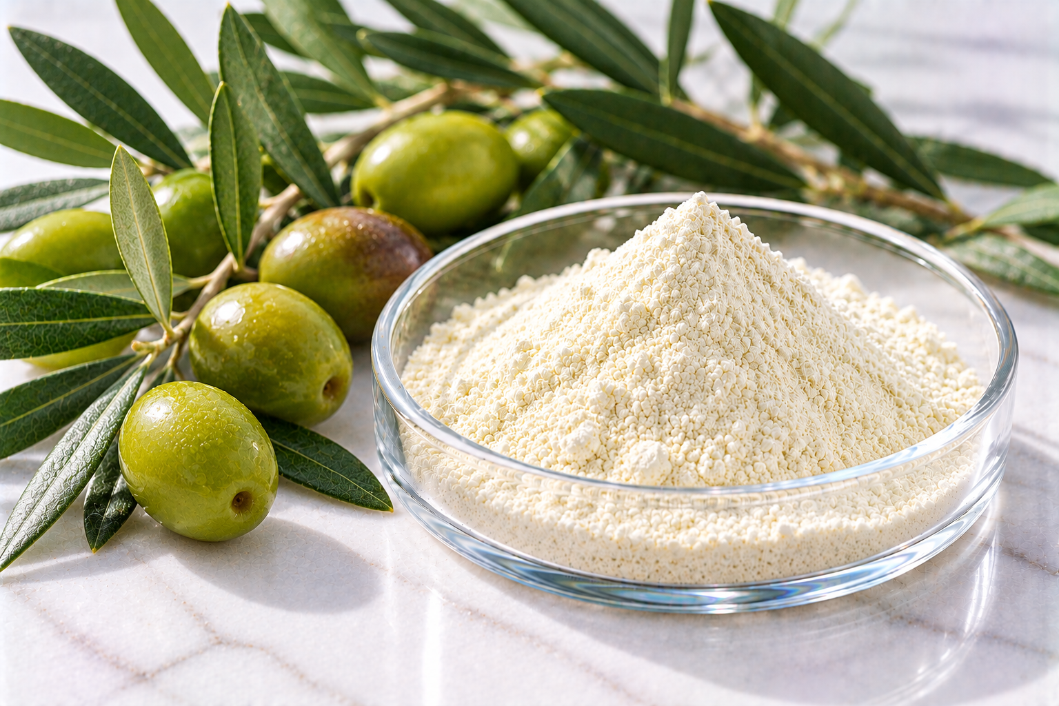 Hydroxytyrosol Hydroxytyrosol powder in a glass dish with olives and olive leaves for cosmetic formulations