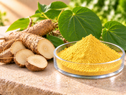 Kava Extract yellow powder in a glass dish with kava roots, root slices and green leaves