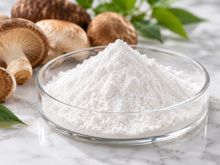 L-Ergothioneine white powder in a glass dish with mushrooms and green leaves