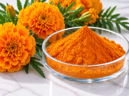 Lutein orange-yellow powder in a glass dish with marigold flowers for dietary supplement formulations