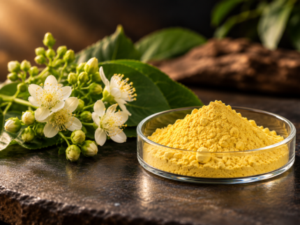 Luteolin powder in a glass dish with white flowers and green leaves