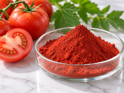 Lycopene red powder in a glass dish with fresh tomatoes and sliced tomato