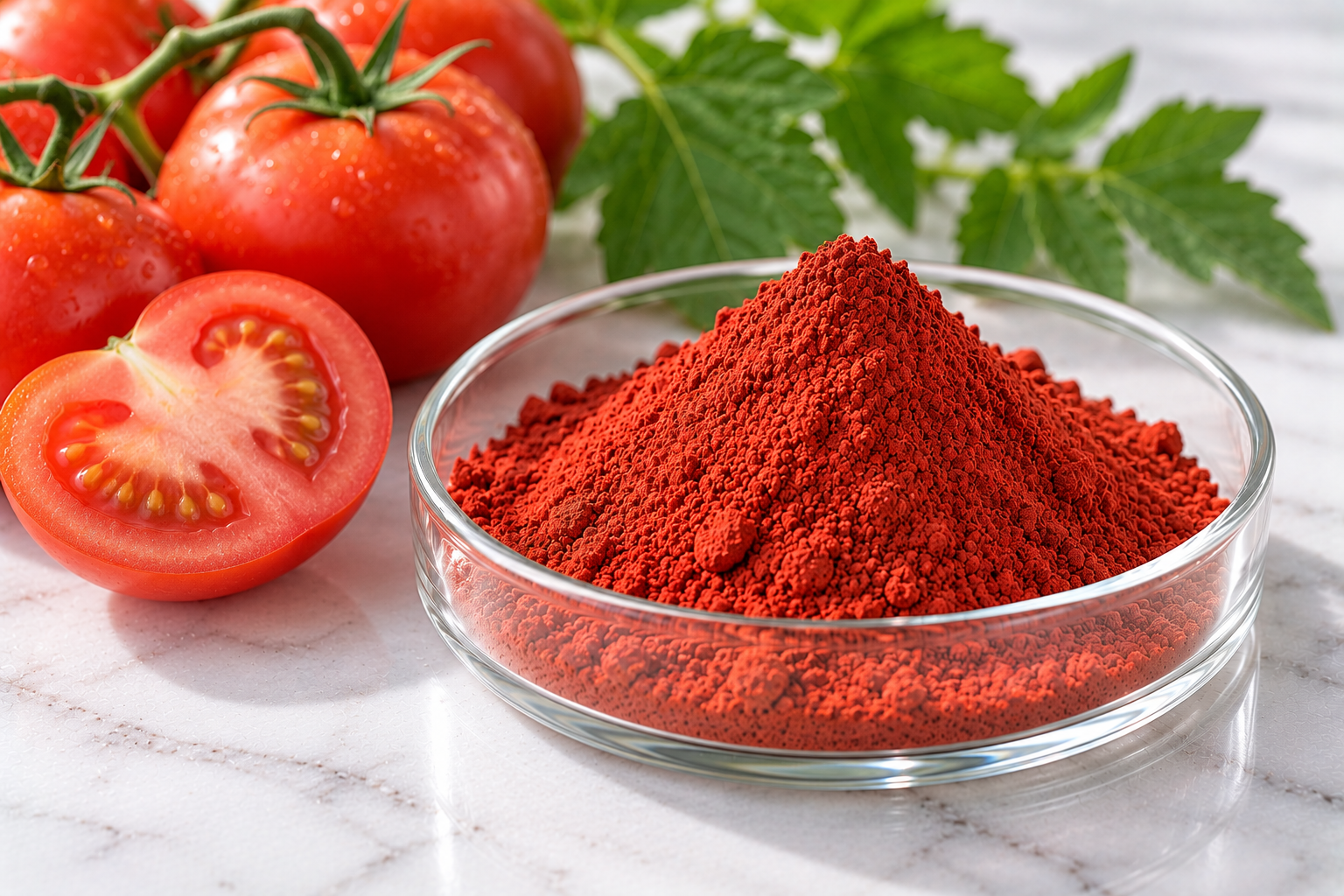 Lycopene Lycopene red powder in a glass dish with fresh tomatoes and sliced tomato