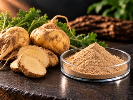 Maca Extract powder in a glass dish with fresh maca roots and sliced maca root