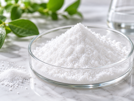 Myo-Inositol white powder in a glass dish with green leaves in the background