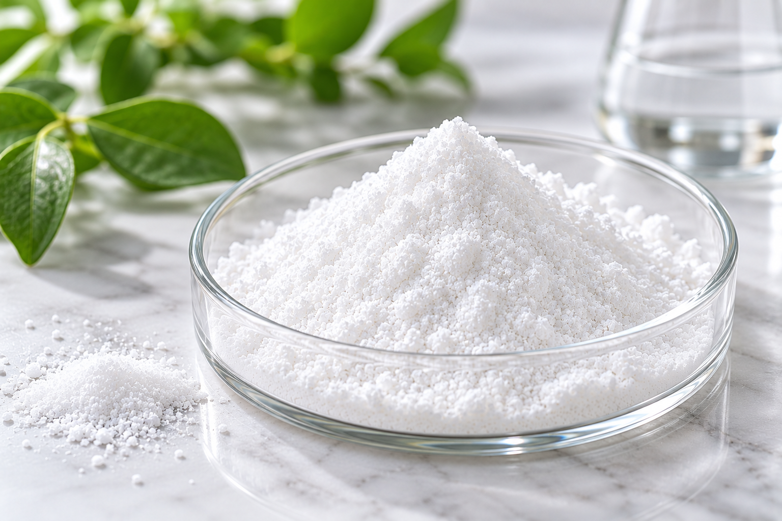 Myo-Inositol Myo-Inositol white powder in a glass dish with green leaves in the background
