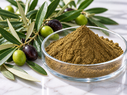 Olive Leaf Extract olive-green powder in a glass dish with fresh olive leaves and olives