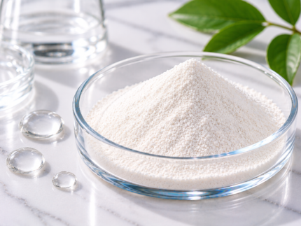 Phenylethyl Resorcinol off-white cosmetic active ingredient powder in a glass dish