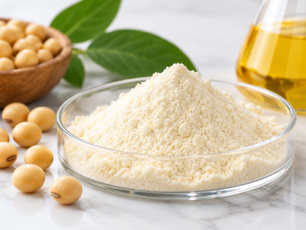 Phosphatidylserine (PS) powder in a glass dish with soybeans, green leaves and plant oil