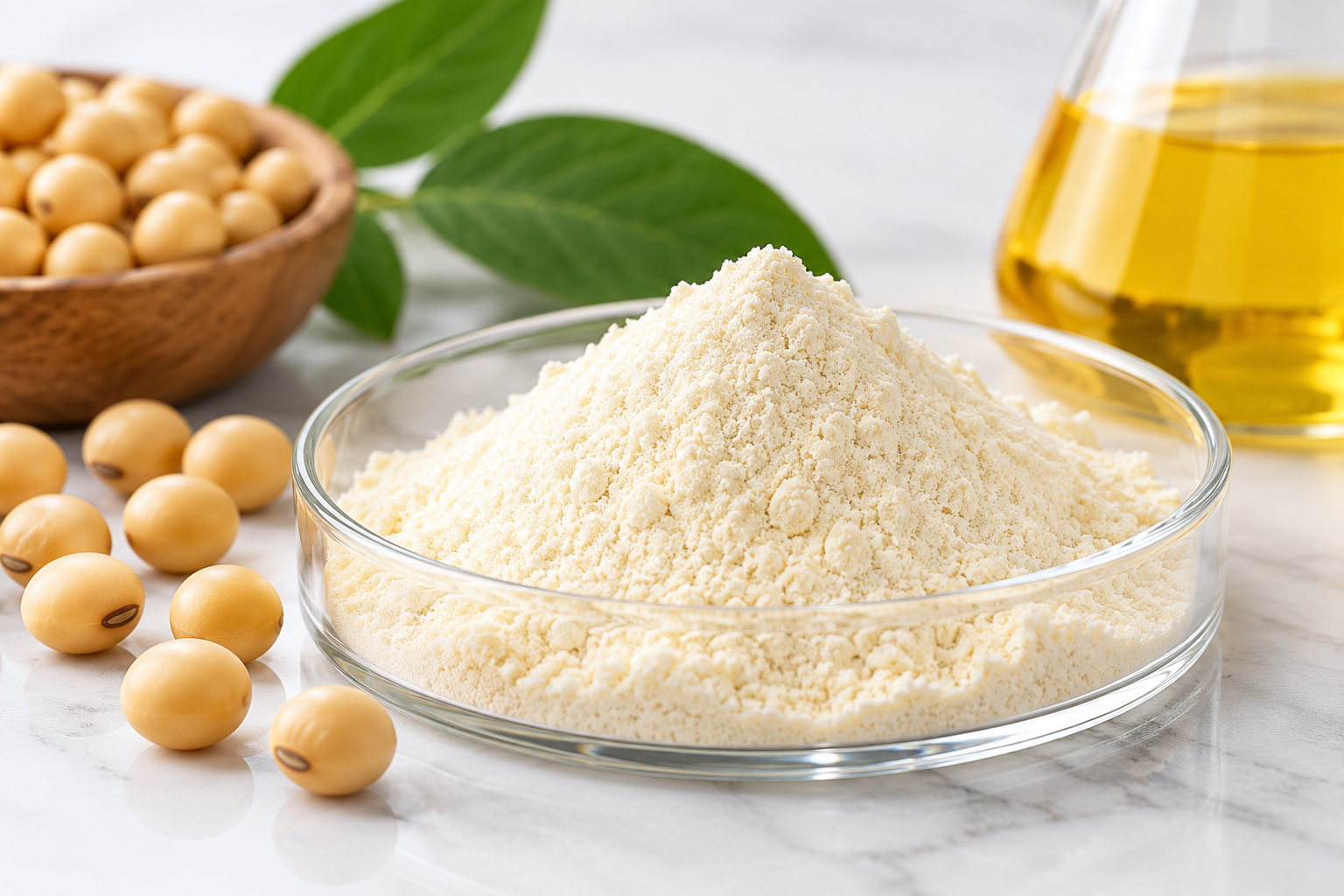 Phosphatidylserine Phosphatidylserine (PS) powder in a glass dish with soybeans, green leaves and plant oil
