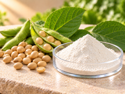 Phytosterols powder in a glass dish with soybeans, soybean pods and green leaves