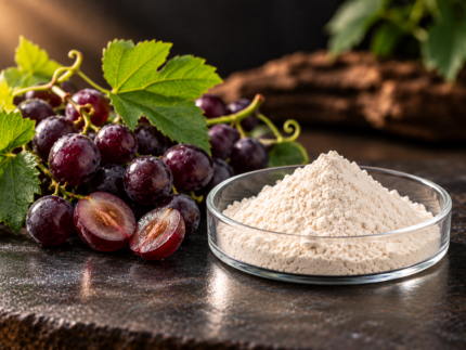 Pterostilbene powder in a glass dish with purple grapes and green leaves