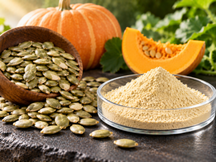 Pumpkin Seed Extract powder in a glass dish with pumpkin seeds and fresh pumpkin