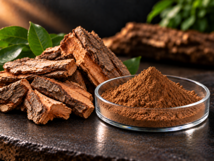 Pygeum Africanum Extract brown powder in a glass dish with African cherry tree bark and green leaves