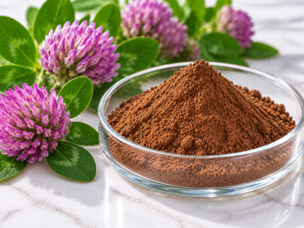 Red Clover Extract brown powder in a glass dish with purple-red clover flowers and green leaves